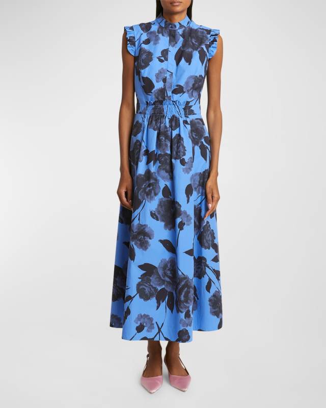 Sleeveless Floral Cotton Midi Dress With Full Skirt