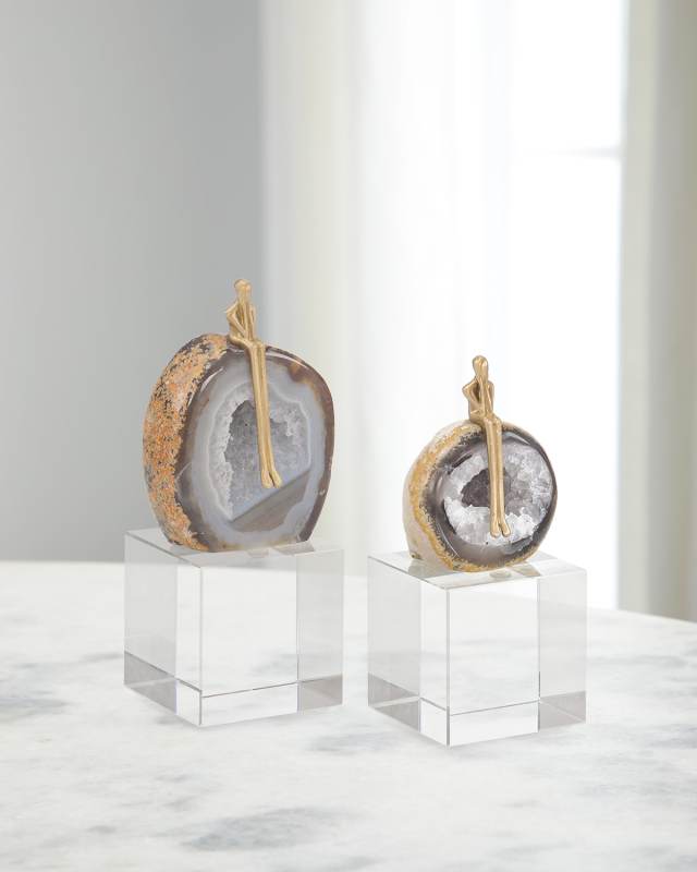 Agate Philosopher Sculpture on Crystal Base, Set of 2