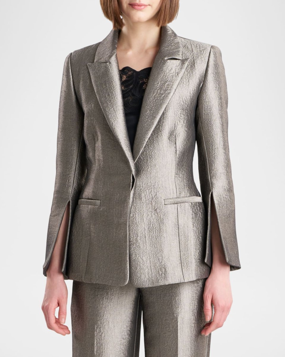 Peak-Lapel Metallic Jacquard Blazer