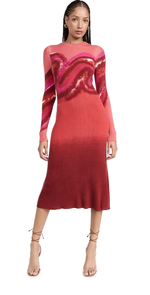 Prabal Gurung Swirl Ombre Rib Dress Red Pinkulti