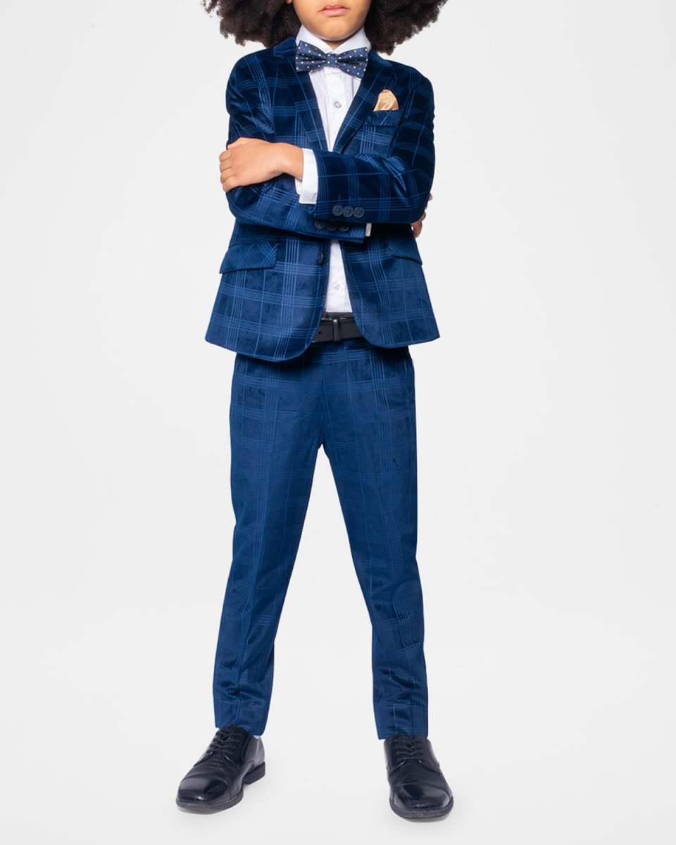 Boy's Plaid-Print Velvet Blazer, Size 2-12