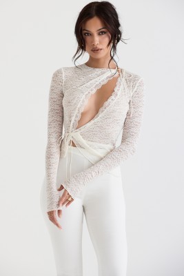 HOUSE OF CB LEALA IVORY FLORAL LACE TRIM TOP