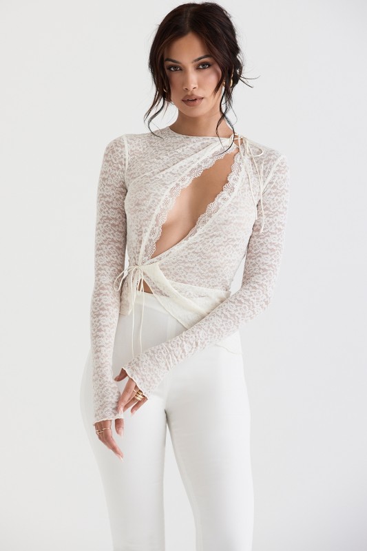 HOUSE OF CB LEALA IVORY FLORAL LACE TRIM TOP