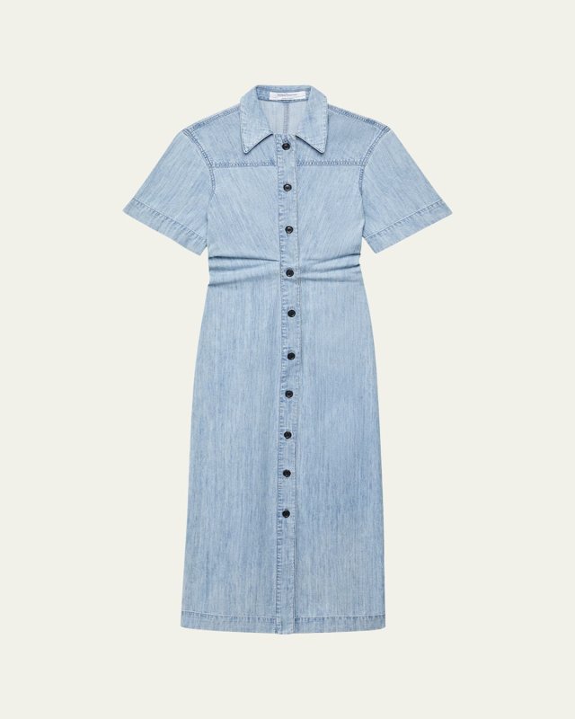 Cotton Chambray Bias Midi Shirt Dress
