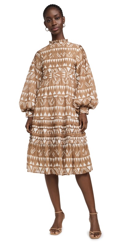 TRUTH Haniyah Tiered T-Length Dress Geo Grid Neutral