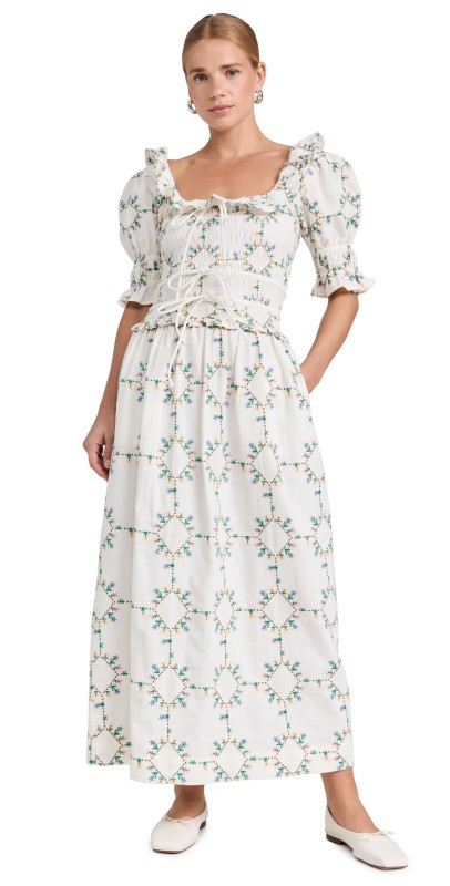 Damson Madder Heidi Embroidered Midi Dress Off White