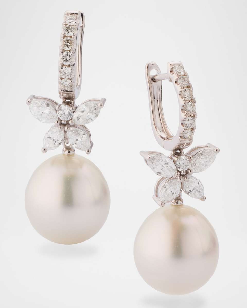18K White Gold 12-13mm South Sea Pearl Earrings with Diamonds