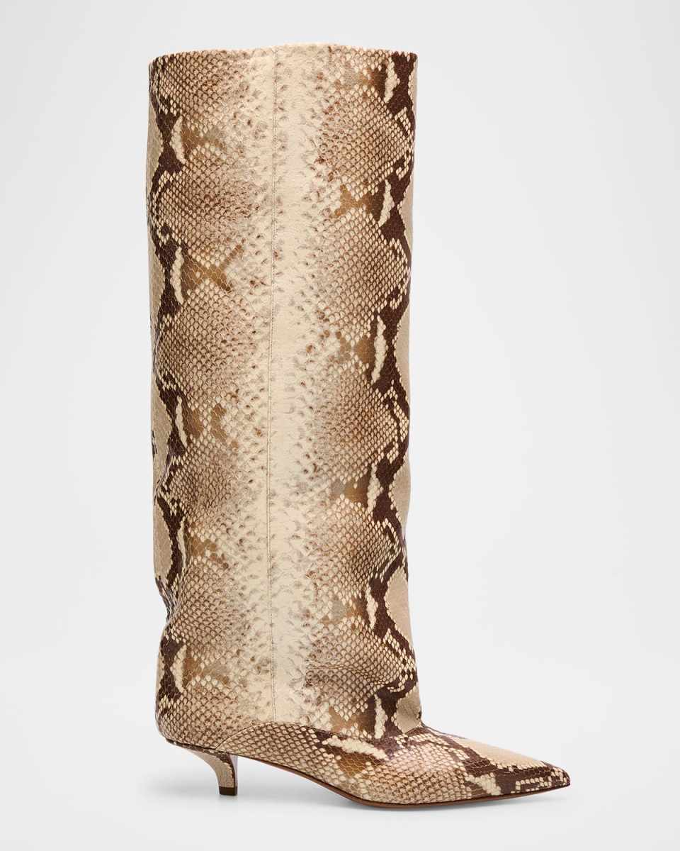 Ines Snakeskin-Embossed Knee-High Comma-Heel Boots