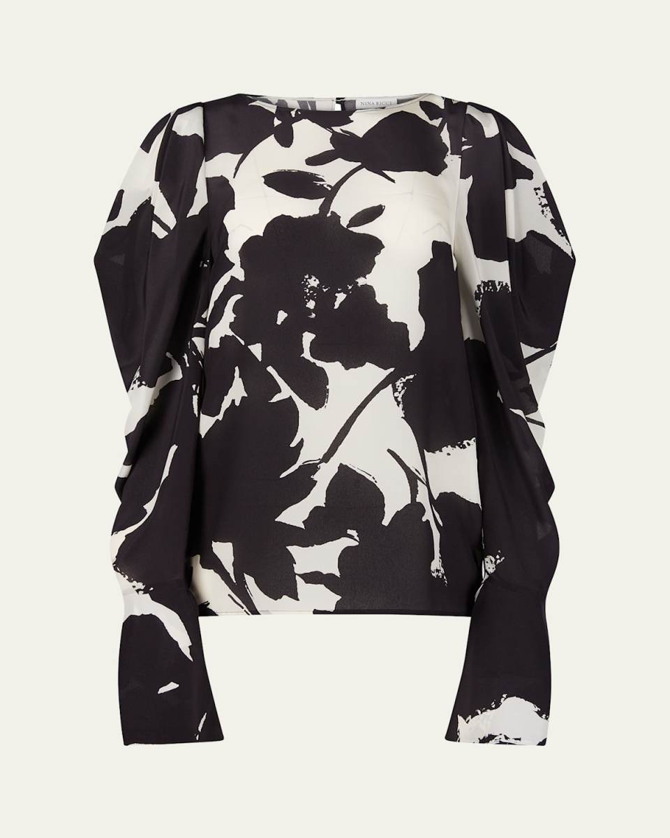 Floral Puff Draped Sleeve Silk Top