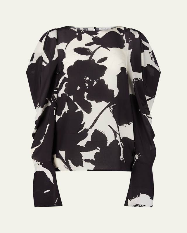 Floral Puff Draped Sleeve Silk Top