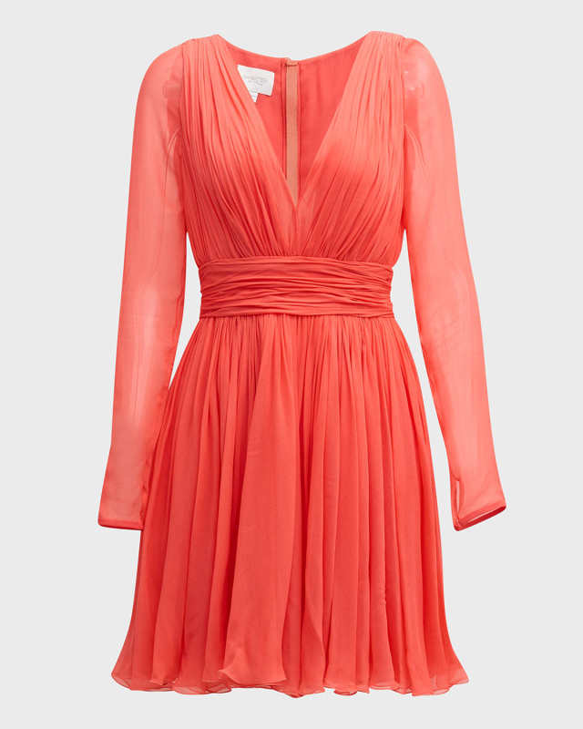 Plunging Pleated Long-Sleeve Silk Georgette Mini Dress