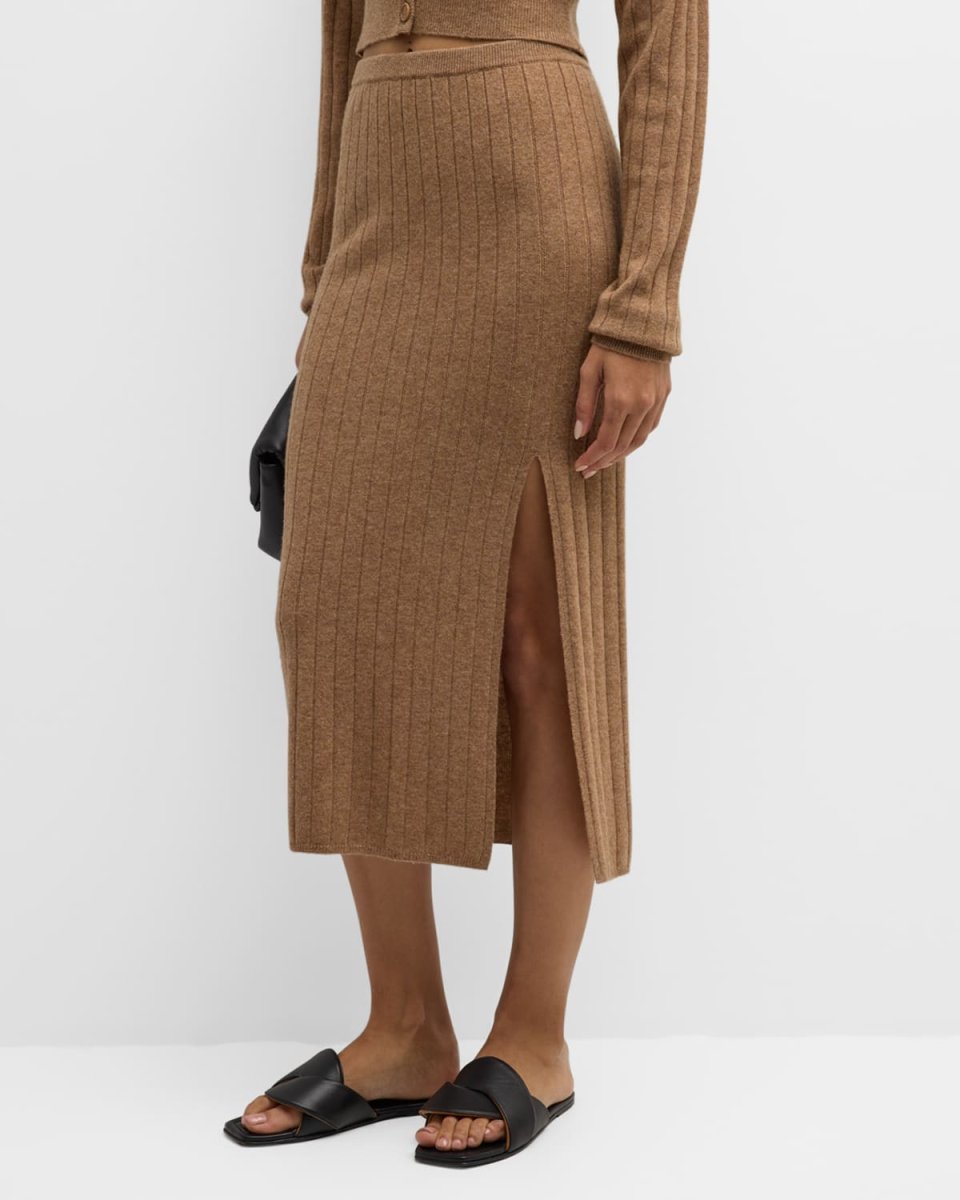 Ribbed Side-Slit Wool-Cashmere Midi Skirt