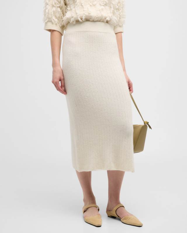 Zoe Ribbed Side-Slit Midi Pencil Skirt