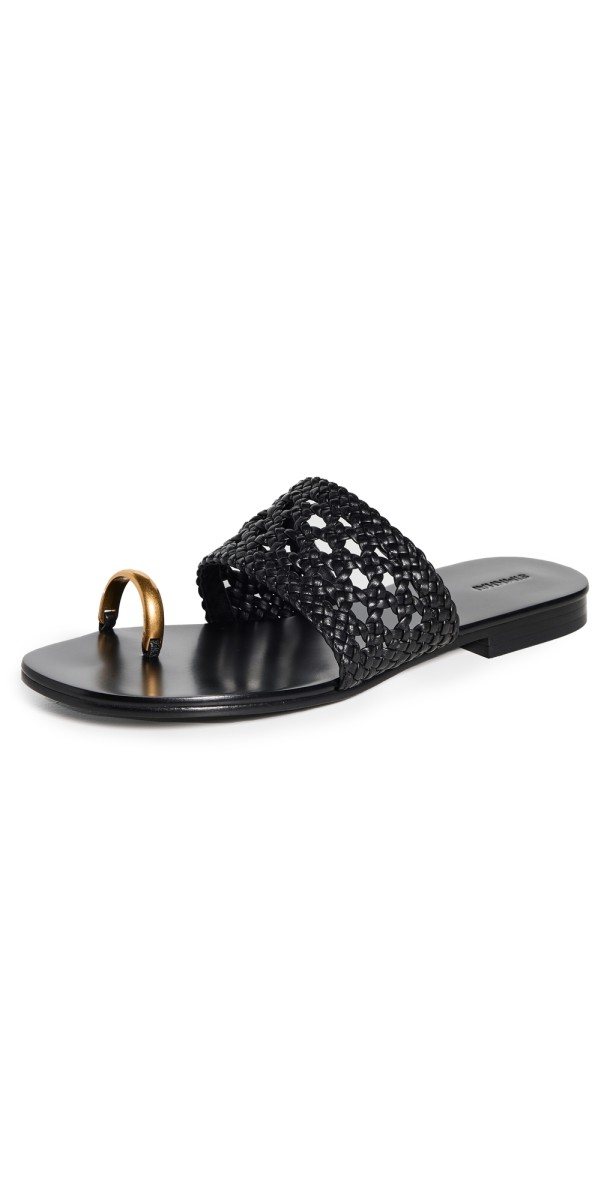 SIMKHAI Ariana Woven Leather Sandals with Metal Toe Ring Black