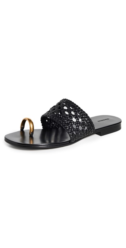 SIMKHAI Ariana Woven Leather Sandals with Metal Toe Ring Black