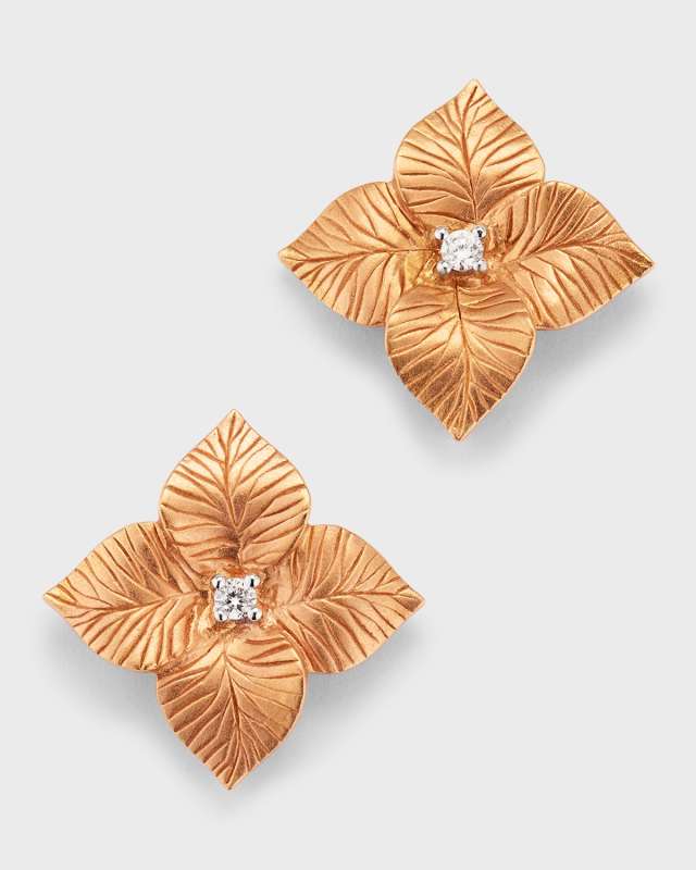 18K White and Rose Gold Small Satin Flower Stud Earrings with Diamonds