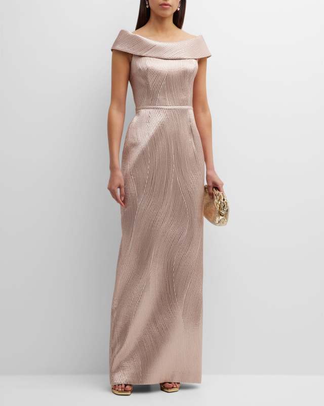 Metallic Ribbed Jacquard Off-Shoulder Gown