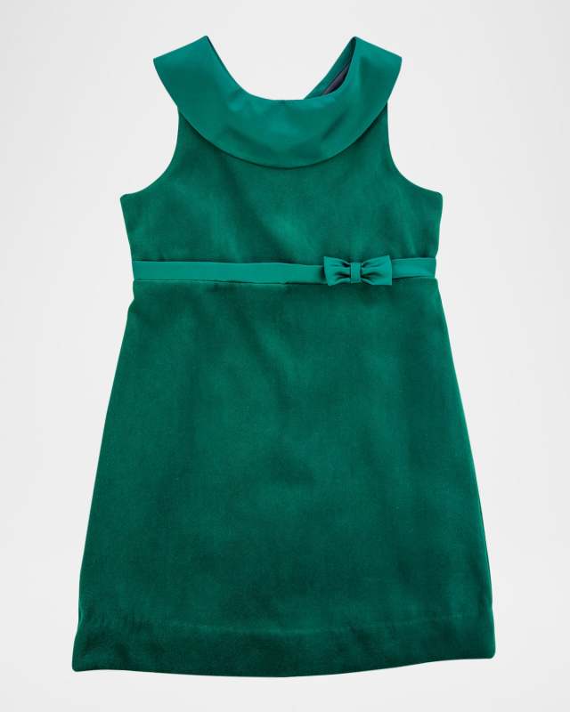 Girl's Velvet Dress Satin Trim Dress W/ Bow, Size 7-14
