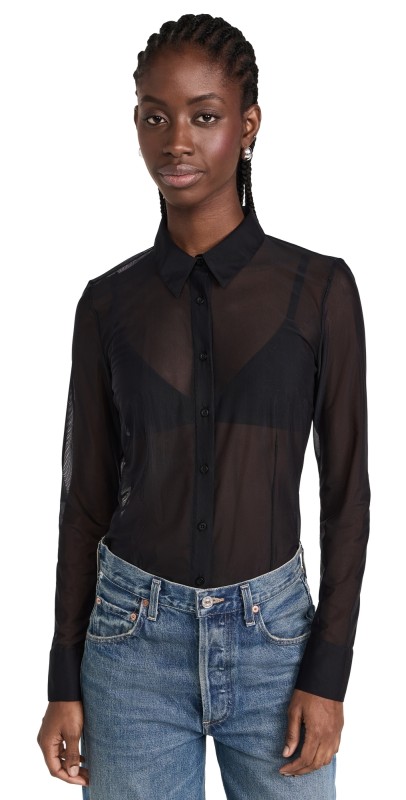 Commando Chic Mesh Button Down Thong Bodysuit Black