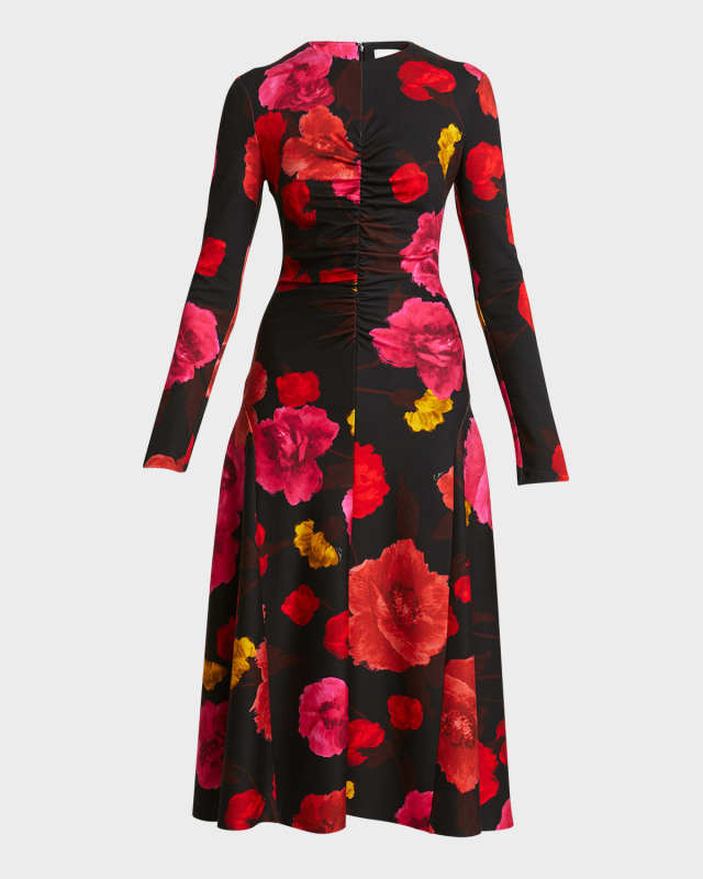 Ruched Floral Long-Sleeve Midi Dress