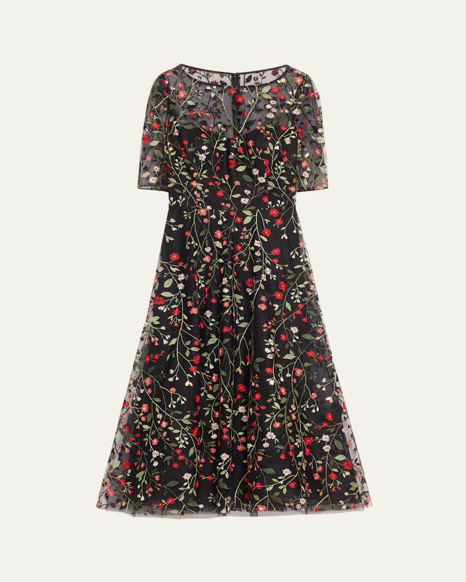 Floral-Embroidered Tulle Midi Dress