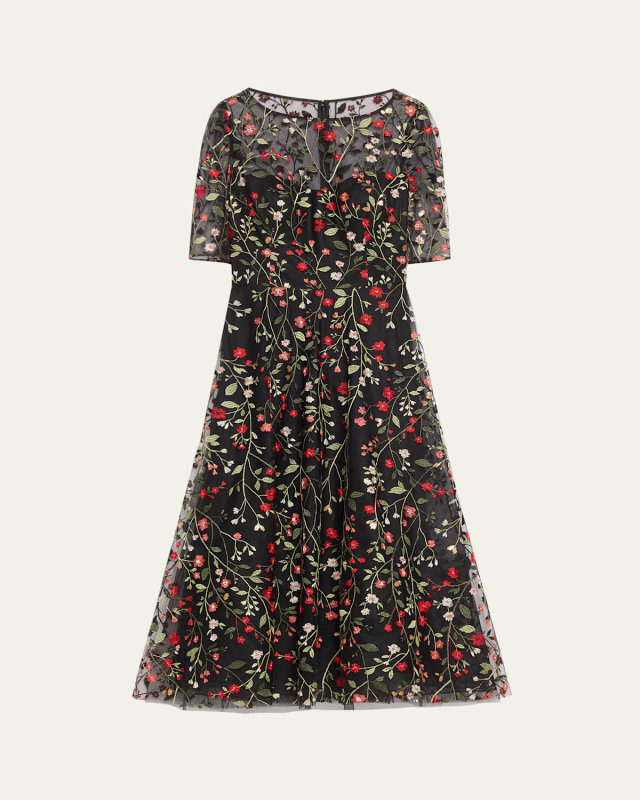 Floral-Embroidered Tulle Midi Dress