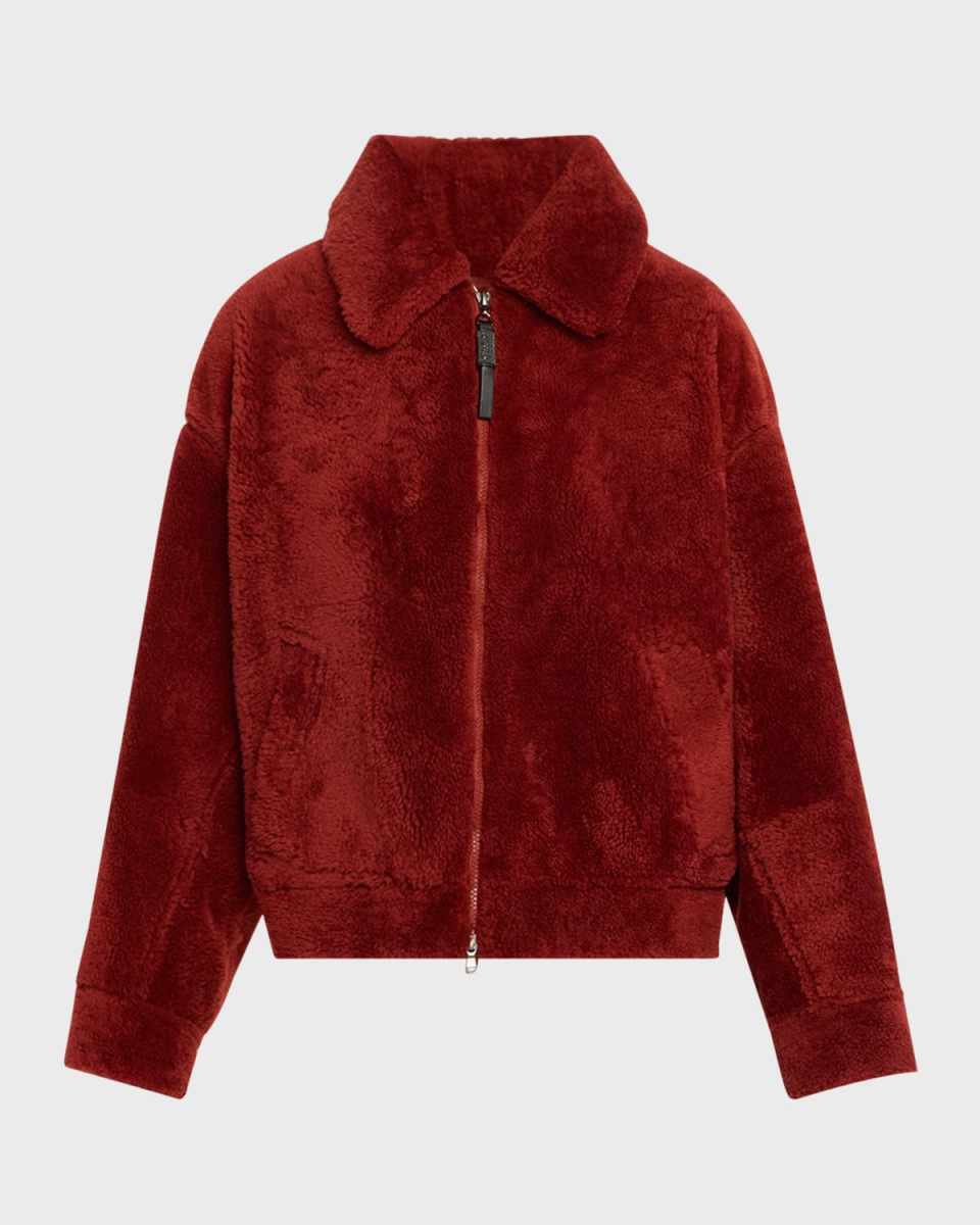 Dyed Shearling Short Jacket with Contrast Monili Zipper