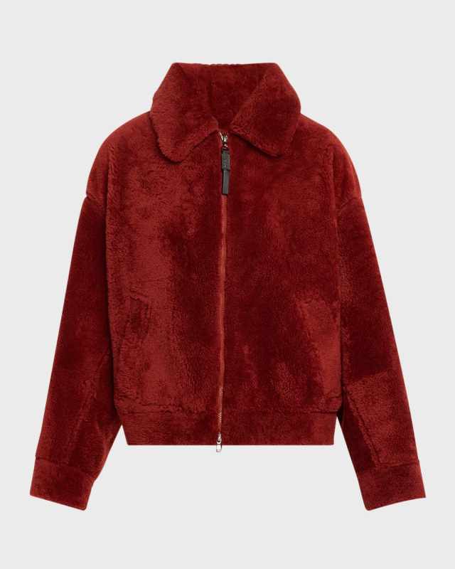 Dyed Shearling Short Jacket with Contrast Monili Zipper