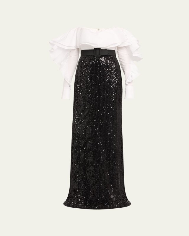 Off-Shoulder Ruffle Sequin Shirt Gown