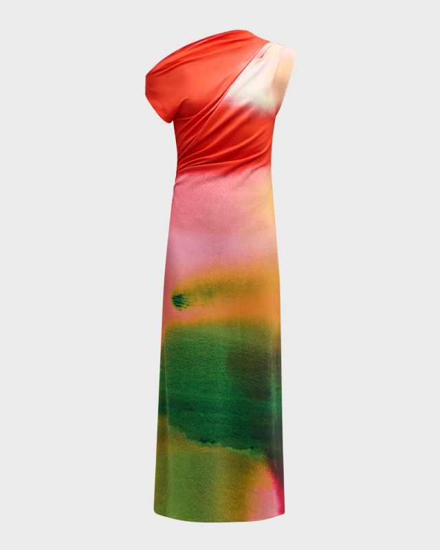 Draped Abstract Watercolor Jersey Dress