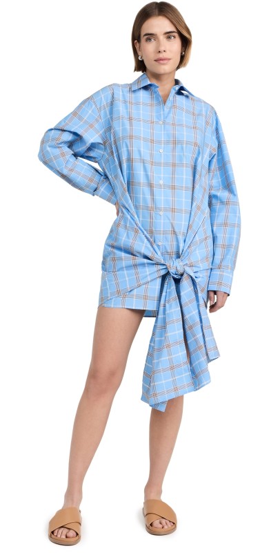 MSGM Poplin Check Dress with Knot Light Blue