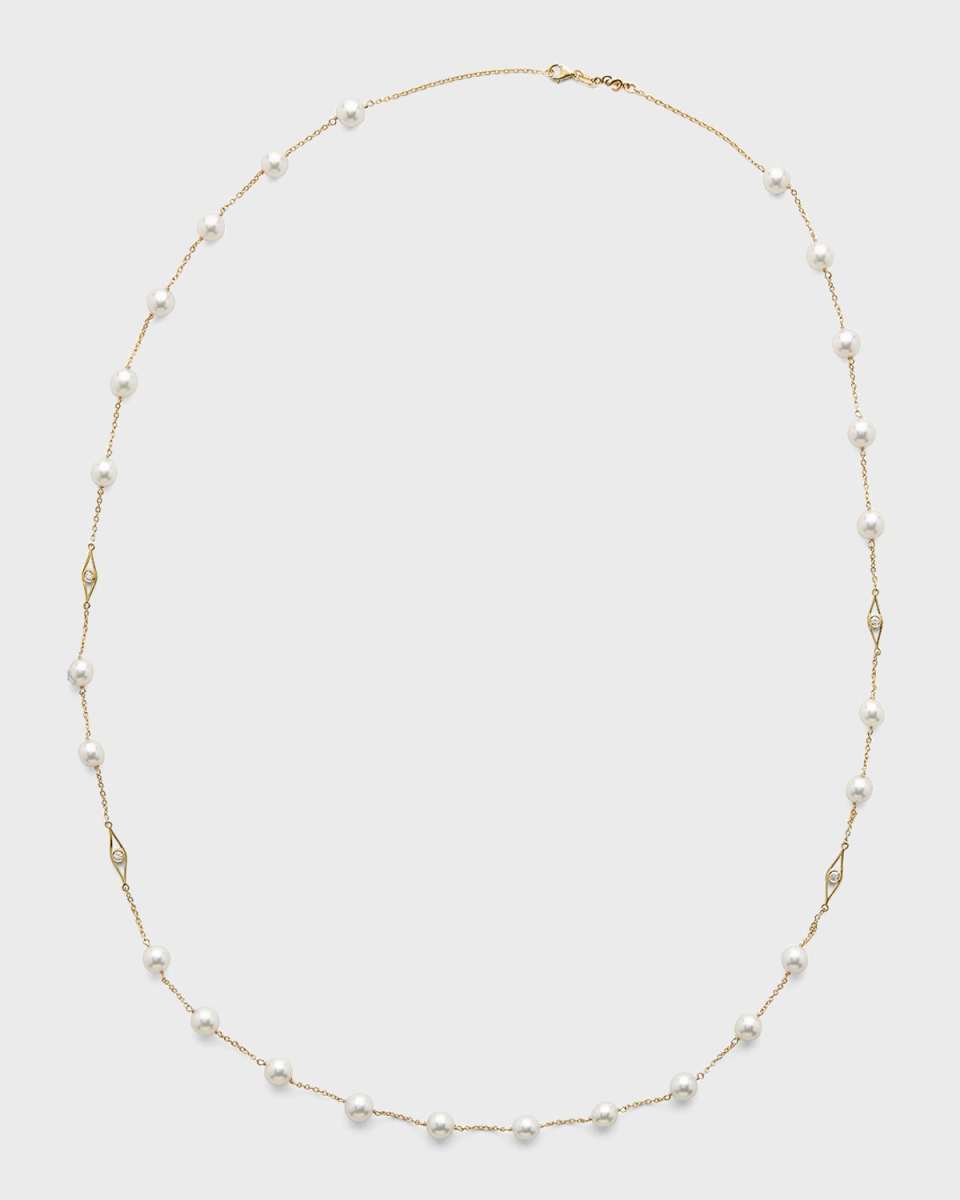 18K Yellow Gold 8mm Akoya 25-Pearl and Diamond Necklace, 42"L