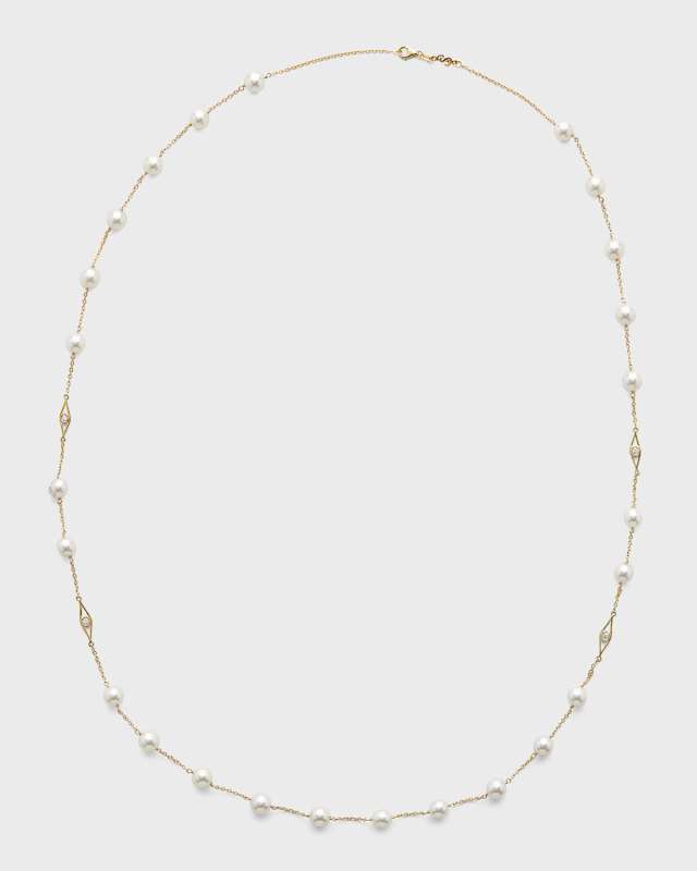 18K Yellow Gold 8mm Akoya 25-Pearl and Diamond Necklace, 42"L
