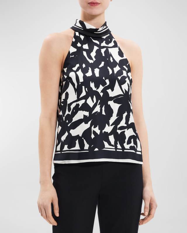 Roll-Neck Floral Silk Halter Top