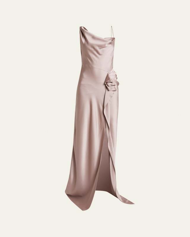 Deyon Draped One-Shoulder Gown with Ruffle Detail