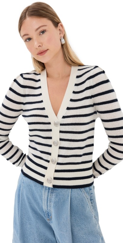 Veronica Beard Solene Cashmere Cardigan Ivory/Navy