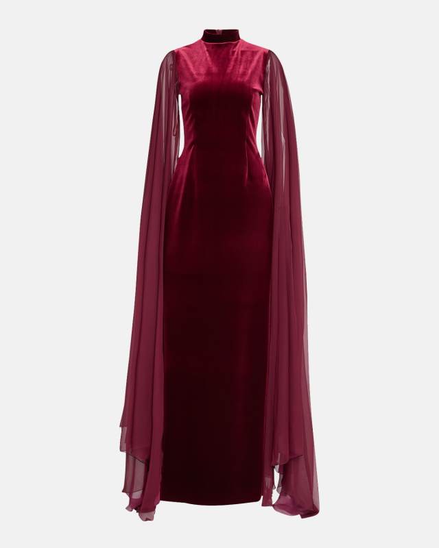 Cape-Sleeve Velvet Column Gown