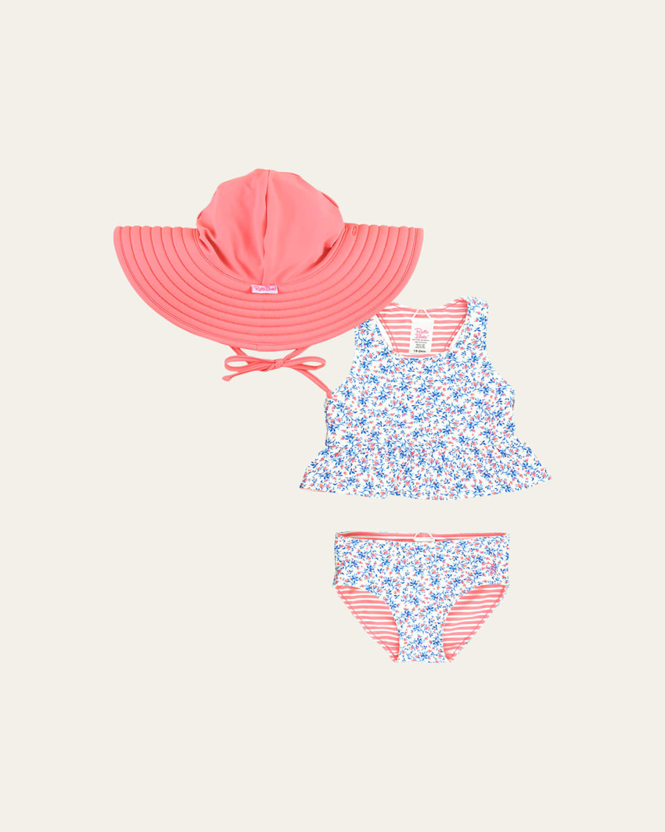 Girl's Cottage Reversible Tankini and Hat Set, Size 3M-8