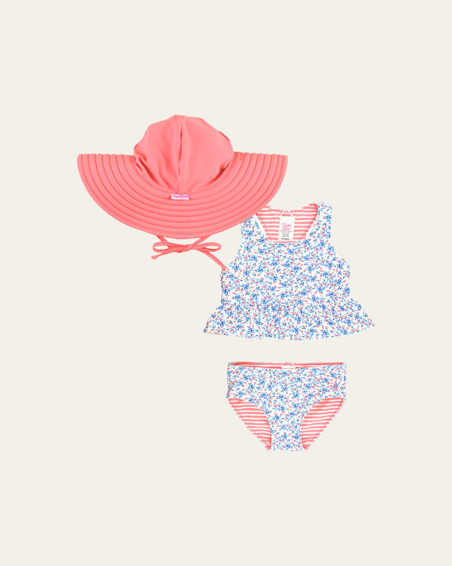 Girl's Cottage Reversible Tankini and Hat Set, Size 3M-8