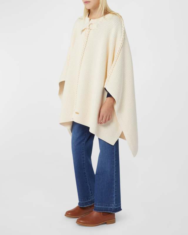 Girl's Cable Knit Cape W/ Metal Logo Plate, Size 8-14