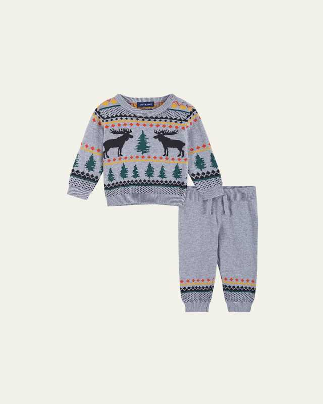 Boy's Moose Embroidered Two-Piece Sweater Set, Size 0M-24M