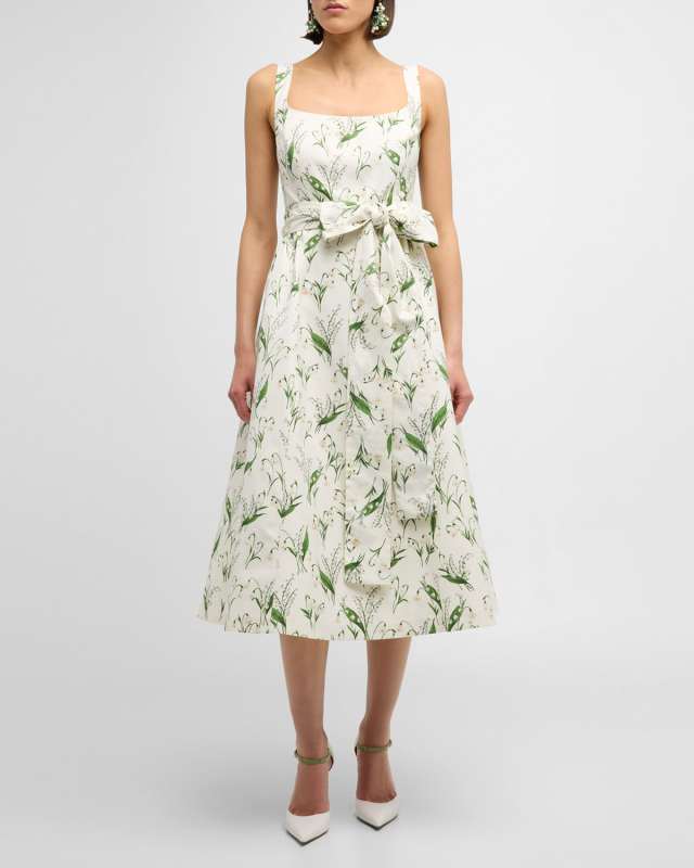 Floral Print Midi Dress with Sash Belt