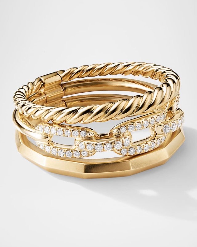 Stax Three Row Ring with Diamonds in 18K Gold, 9.5