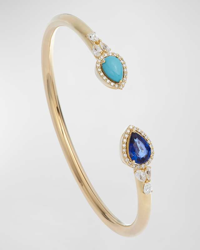 18K Yellow Gold Cuff with Blue Sapphire, Turquoise and Diamonds