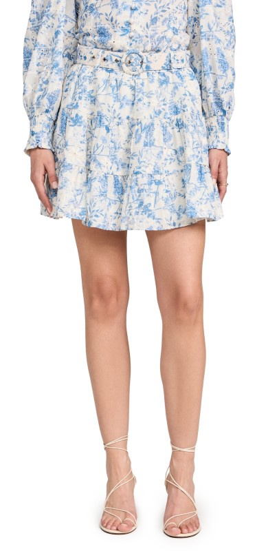 English Factory Digital Print Belted Tiered Mini Skirt Blue/Off White