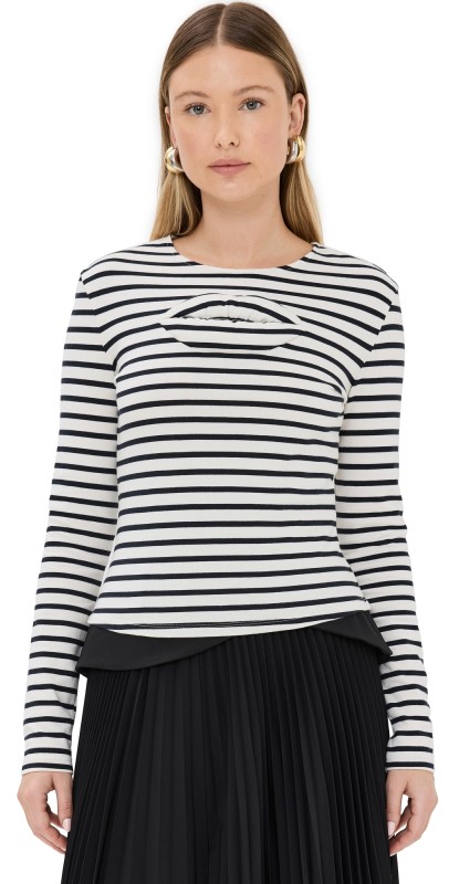 A. W.A. K.E. MODE Striped Fitted Top with Lip Applique Striped/Navy and White