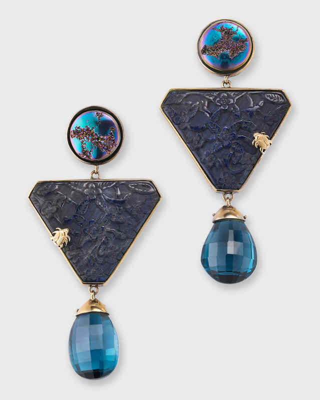 Druzy, Hand-Carved Labradorite and London Blue Topaz Drop Earrings
