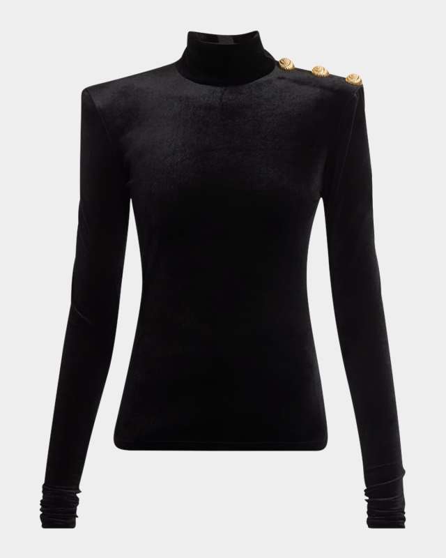 Buttoned High-Neck Velvet Top