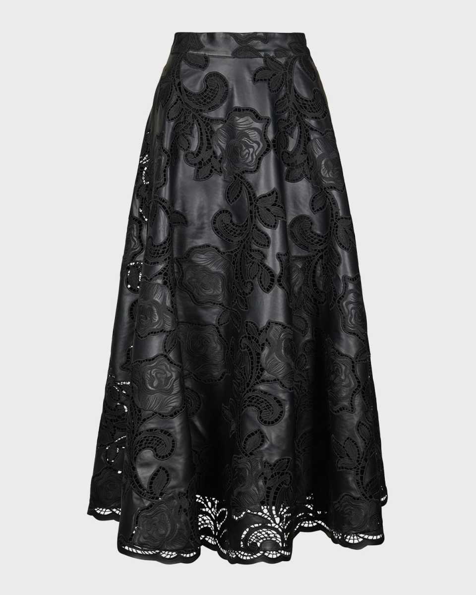 Mesopotamia Floral-Embroidered Faux-Leather Midi Skirt