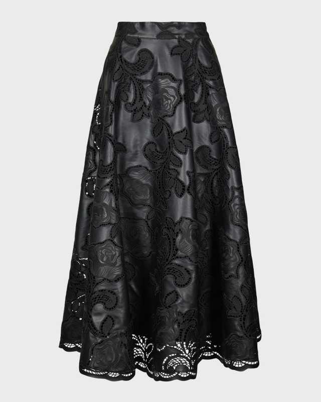 Mesopotamia Floral-Embroidered Faux-Leather Midi Skirt